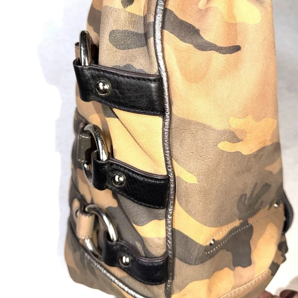 B Makowsky Camo Hobo Bag Black Leather Trim Silver Hardware Shoulder Purse